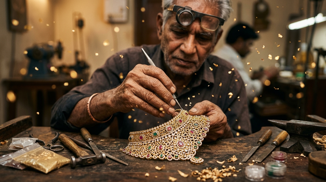 Master Karigar Goldsmith sculpting 22k gold jewellery at Shree Ganesh Jewellers Mavdi Rajkot